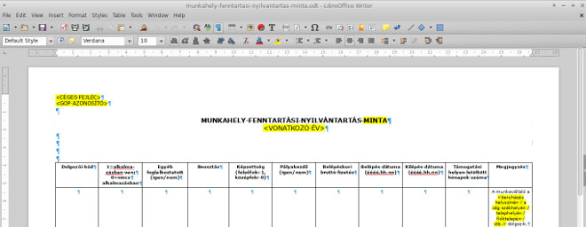 Munkahely-fenntartási nyilvántartás LibreOffice-ban megnyitva